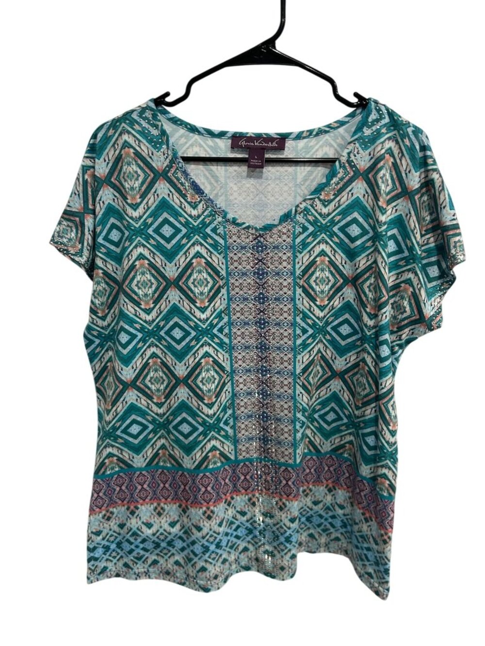 Gloria Vanderbilt Large Boho Print Short Sleeve Multicolor Top Eclectic Artsy